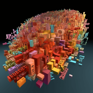 3D plot of text embeddings showing related words clustered together